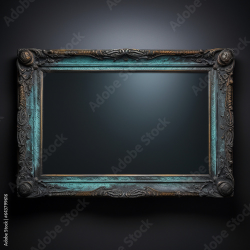 Fondo con detalle y textura de marco rustico de tonos grises y aguamarina, sobre superficie de tonos oscuros
