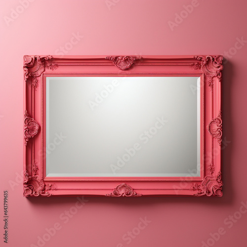 Fondo con detalle y textura de marco de tonos rojizos sobre pared de tonos rosados, con espejo