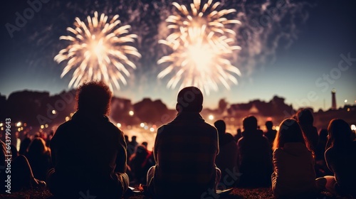 Silhouette of people watching fireworks on the background of the city. Festival Concept with Copy Space.