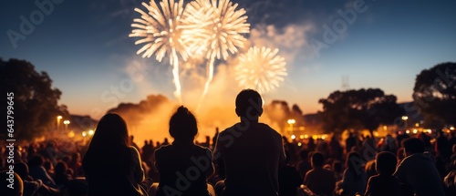 Silhouettes of people watching fireworks on the background of the city, celebration concept with Copy Space.