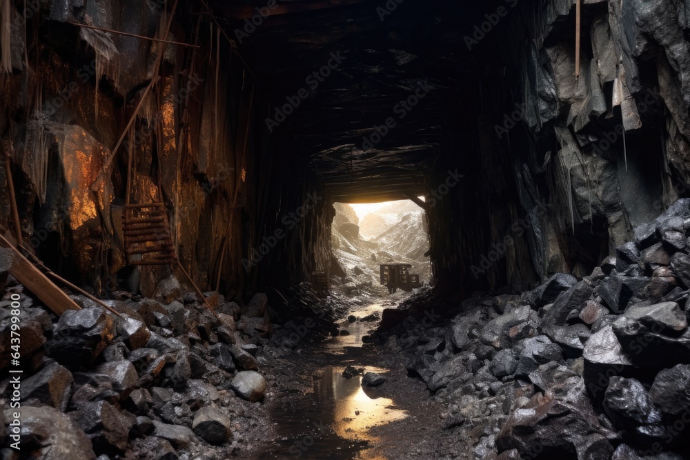collapsed mine tunnel with debris