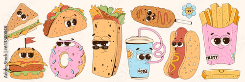 Retro groovy fast food characters  set. Trendy cartoon style 60s - 70s. Hamburger, burrito, taco, french fries, corn dog and more. Retro vector illustration in a modern way.