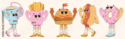 Retro groovy fast food characters set. Trendy cartoon style 60s - 70s. Hamburger, french fries, donut, hot dog, and soda dressed in cool cowboy boots. Retro vector illustration in a modern way.