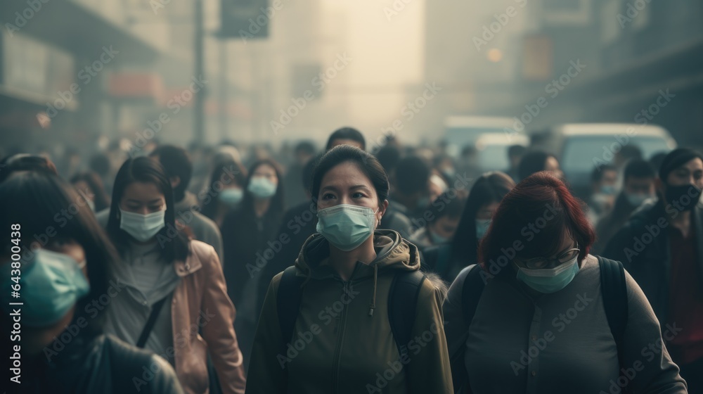 Asian highly polluted air city with crowd in protective masks in dense smog Asian highly polluted air city with crowd in protective masks in dense smog