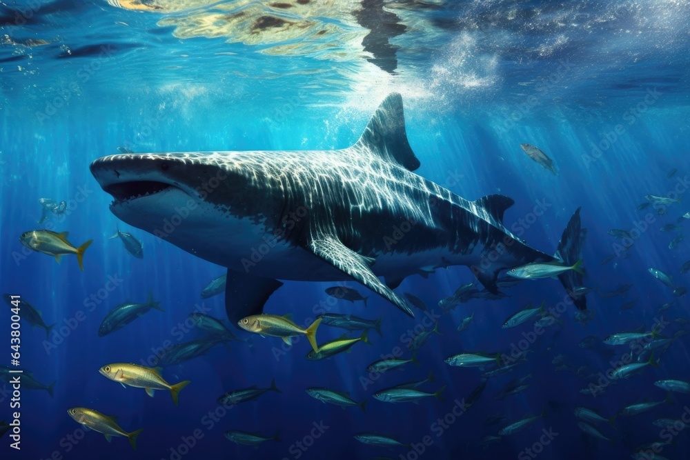 Fototapeta premium wide-angle shot of whale shark in action, surrounded by marine life