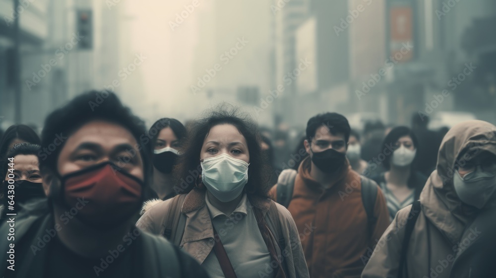 Asian highly polluted air city with crowd in protective masks in dense smog - obrazy, fototapety, plakaty 