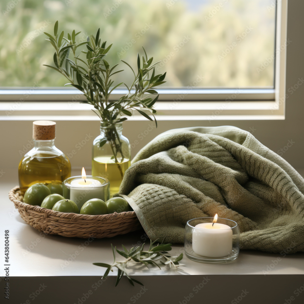  Bathroom window and olive towel on a metal 
