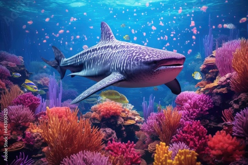 Fototapeta Naklejka Na Ścianę i Meble -  whale shark feeding in vibrant coral reef environment
