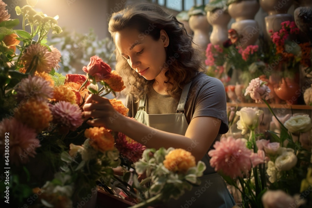 A Contemporary Female Worker Flourishing in the Flower Shop | Generative AI