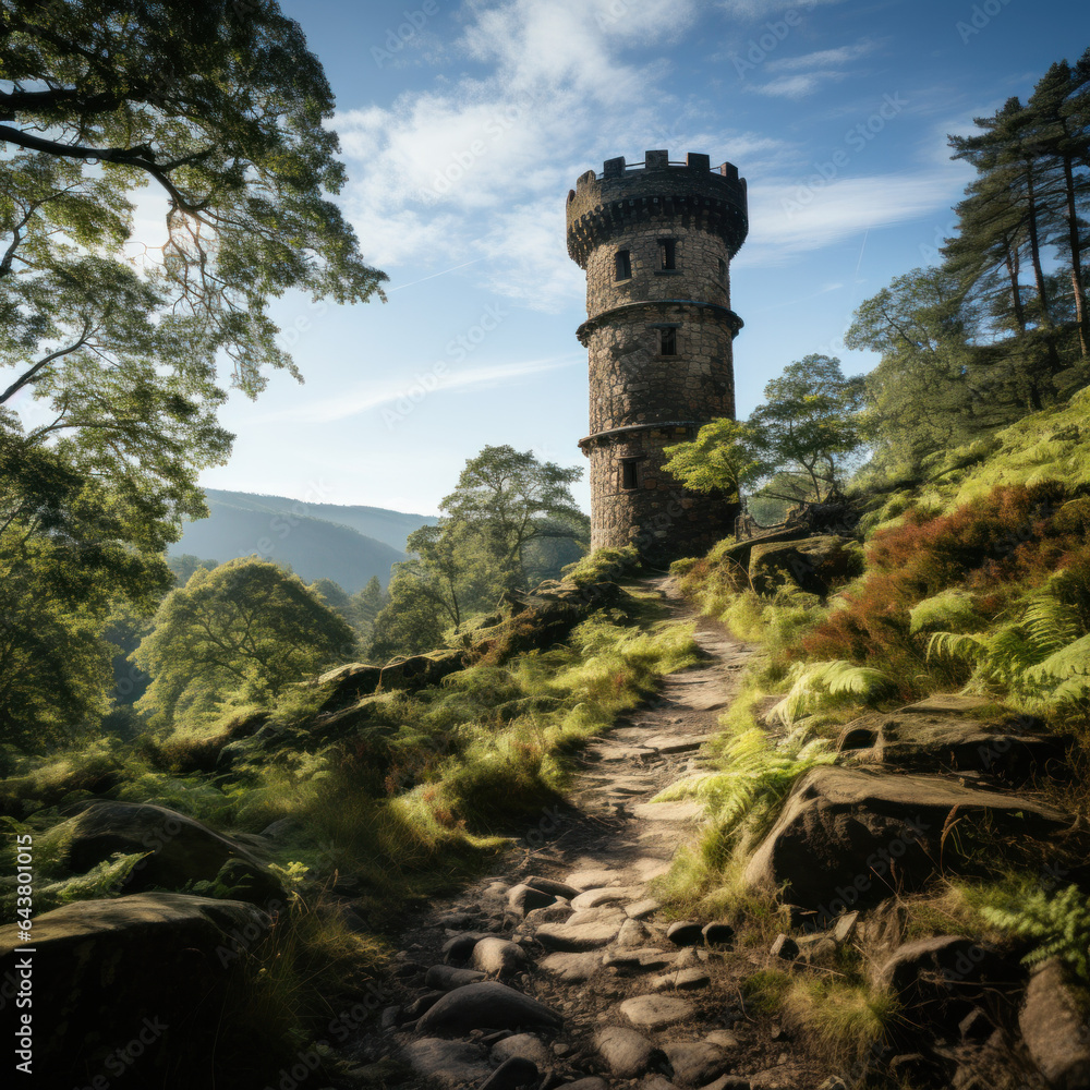 A stone tower in the foliage. The clouds are thick
A stone tower in the foliage. The clouds are thick