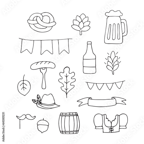 Bavarian beer festival for greeting card, invitation, banner, poster, pack, sticker, glass. Oktoberfest design elements. Coloring. All objects are separated. Vector illustration