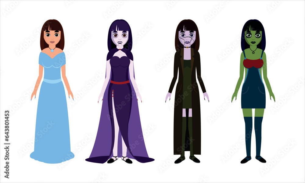 Halloween monster girls illustration. Cartoon illustration of people for Halloween. Girls in monster costumes.