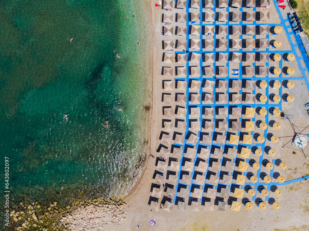 Aerial photographs. View from flying drone. Birds-eye view of beach in Montenegro. Top view