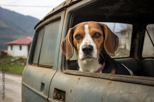 a beagles head sticking out from a window of a rustic minivan in a rural setting © Alfazet Chronicles