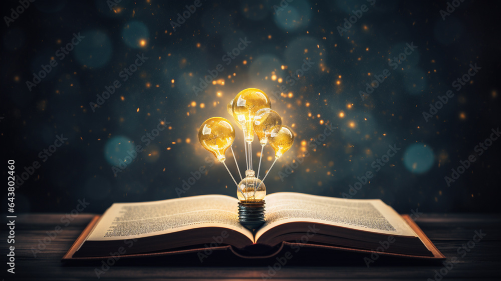 open_book_with_glowing_light_bulbs_ - obrazy, fototapety, plakaty 