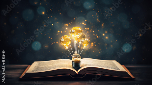 open_book_with_glowing_light_bulbs_ photo