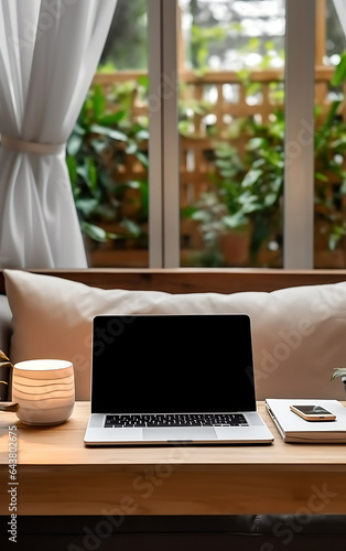 Wallpaper Mural Laptop screen and mobile phone on the table near the sofa in a cozy home Torontodigital.ca