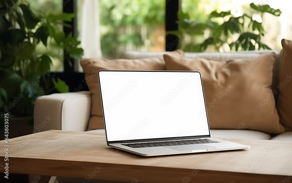 Laptop blank screen on table in cozy house with house plants Laptop blank screen on table in cozy house with house plants