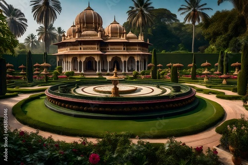 A breathtaking view of a lush and ornate royal garden, with its exotic flowers, intricate fountains, and marble pathways, set within the majestic grounds of an Indian palace - AI Generative