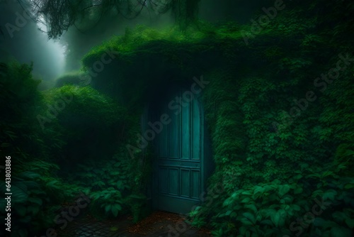 A mysterious door hidden behind a lush shrub in the garden of Songville reveals a secret world of cobblestone streets and ancient buildings shrouded in misty rain - AI Generative
