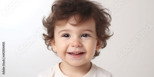 Generative AI, cheerful cute child smiling on a white background, portrait, emotional face, toddler, kid, children, joy, happiness, kindergarten, childhood, baby, mouth, eyes