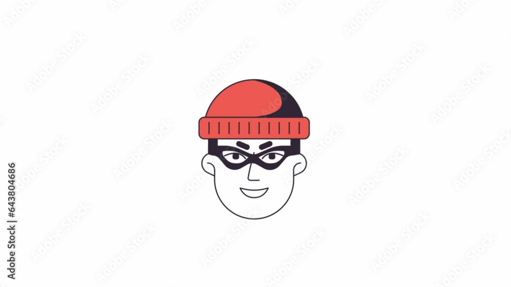 Laughing thief in mask line 2D avatar icon animation. Cyber criminal excited flat linear cartoon 4K video, alpha channel. Masked burglar animated person facial expression on white background Laughing thief in mask line 2D avatar icon animation. Cyber criminal excited flat linear cartoon 4K video, alpha channel. Masked burglar animated person facial expression on white background