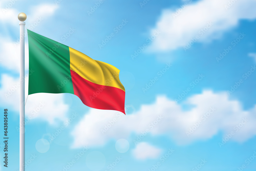 Waving flag of Benin on sky background. Template for independence Waving flag of Benin on sky background. Template for independence