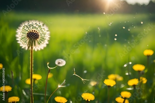 A sun-drenched meadow with a single dandelion, its petals gently swaying in the breeze, symbolizing the power of a single positive thought - AI Generative