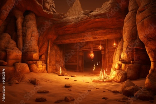 Immersive 3D desert cave with captivating golden glow, treasure, ancient portal, sand, mummy, pyramid, and moss. Generative AI