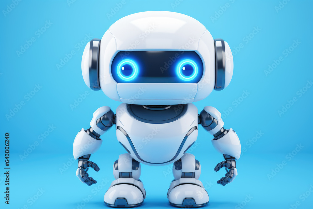 White robot with blue eyes stands against vibrant blue background. This image can be used to depict futuristic technology, artificial intelligence, or robotics. White robot with blue eyes stands against vibrant blue background. This image can be used to depict futuristic technology, artificial intelligence, or robotics.