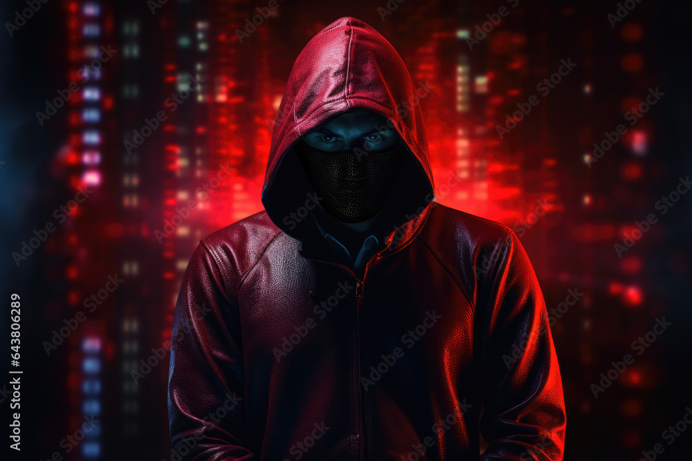 Man wearing hoodie stands in front of city at night. This image can be used to depict urban lifestyle, anonymity, or mysterious atmosphere. Man wearing hoodie stands in front of city at night. This image can be used to depict urban lifestyle, anonymity, or mysterious atmosphere.