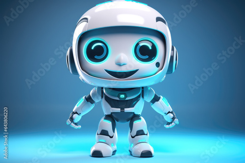 Robot with glowing eyes stands in blue room. Perfect for futuristic technology concepts and sci-fi designs.