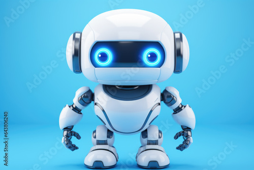 White robot with blue eyes stands against vibrant blue background. This image can be used to depict futuristic technology, artificial intelligence, or robotics.