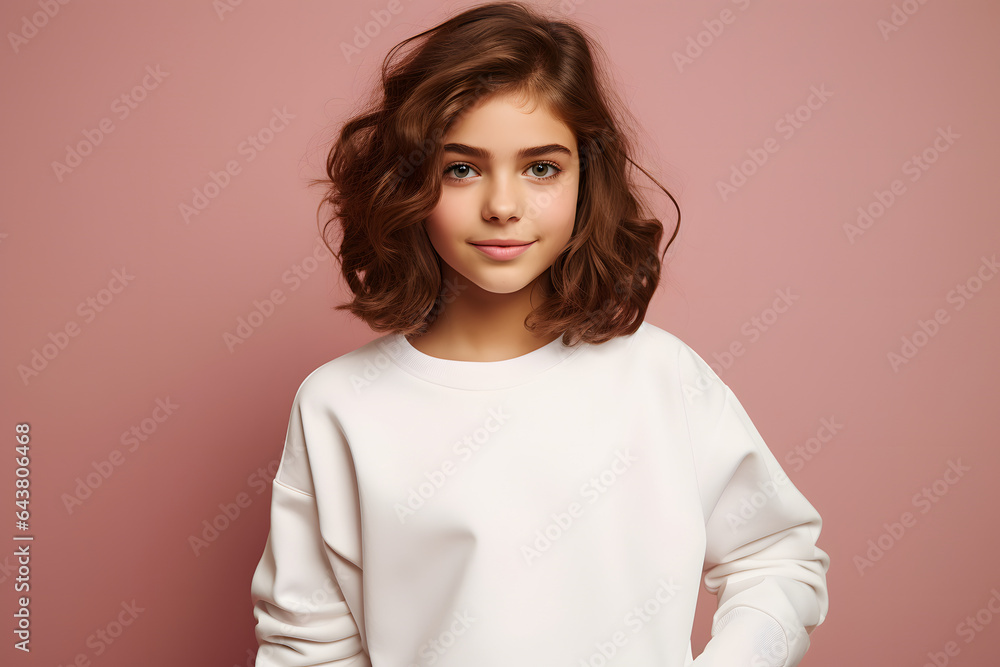 Young girl in white mockup sweater standing in pink studio background Young girl in white mockup sweater standing in pink studio background