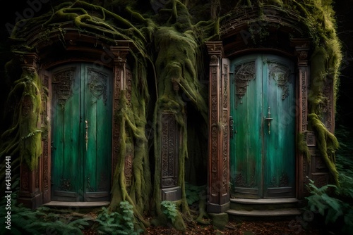 Hidden within a mystical forest, you stumble upon a pair of enchanting wooden doors - AI Generative