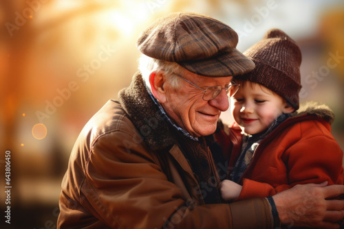 Older man tenderly holds small child in his arms. This heartwarming image captures special bond between generations. Perfect for illustrating family, love, and care.