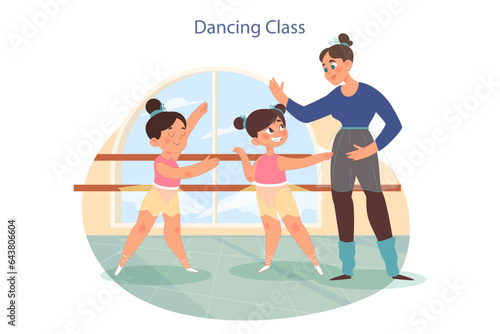 Dancing class. Little school girls and choreographer in dance studio