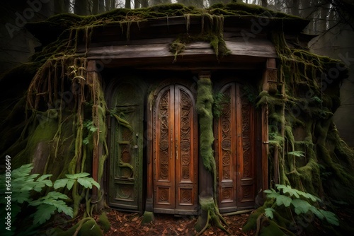 In the heart of a mystical forest, you encounter magnificent wooden doors - AI Generative