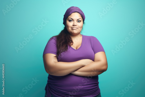 Woman wearing purple shirt poses for picture. Suitable for various uses.