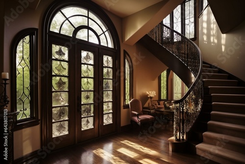 Elegant arched windows adorned with shiny wood and dark panels. Generative AI