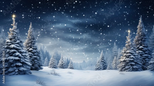 Winter Christmas landscape with pine tree and snow photo