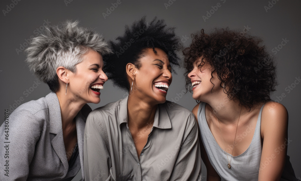 Fototapeta premium women laughing smiling on a grey background, in the style of vibrant colorism, white background, energetic and bold