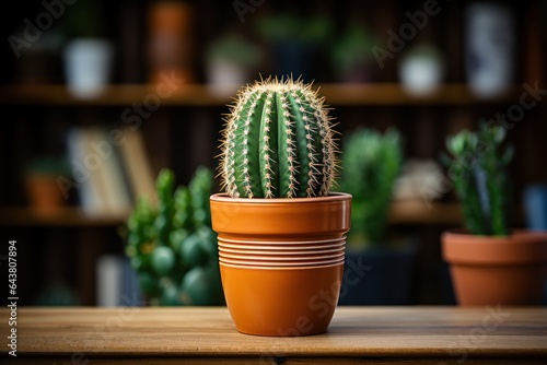 Cactus in a pot on a wooden table with bookshelf background. Cactus. Potted Plant Concept with Copy Space.