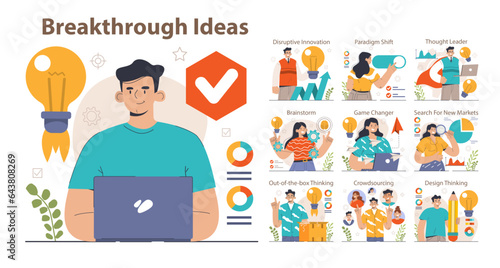 Breakthrough idea set. Inovative idea or creative solution discovery. Disruptive