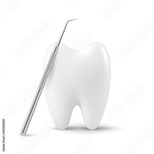 Vector 3d Realistic Tooth and Dental Probe for Teeth Closeup Isolated on White Background. Medical Dentist Tool. Design Template, Clipart, Mockup. Dentistry, Healthcare, Hygiene Concept