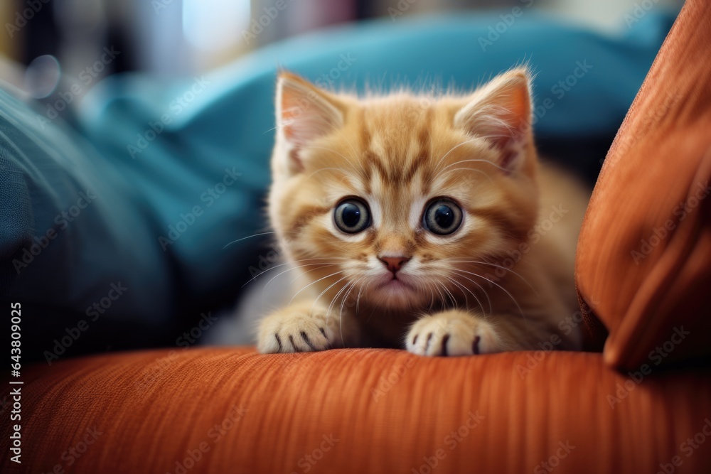 Little scared fluffy ginger kitten with big eyes. Closeup portrait of funny orange cat lying on sofa. Playful, curious pet. Animal aggression, adaptation
