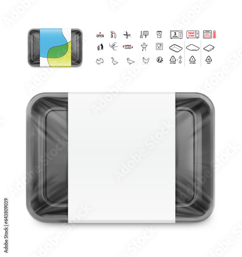 A realistic of a black tray container mockup with icons set. Vector illustration isolated on white background. Template ready to use for your design. EPS10.