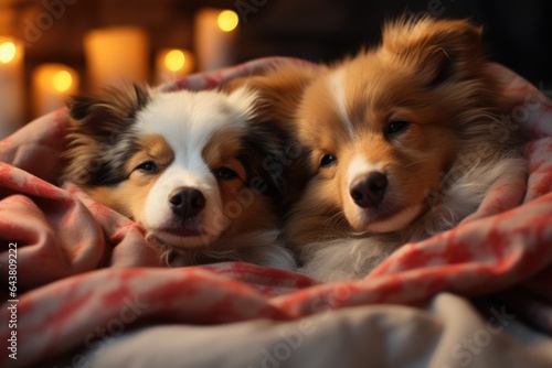  Two cute puppies sitting together under a blanket on bed at home. Border collie or sheltie breed. Beautiful little dogs. Pets family. Love, Valentines day concept