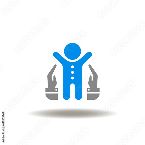 Vector illustration of child and hands care. Symbol of kids care, assistance, protection. Icon of child safety.