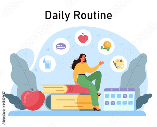 Female character daily routine and schedule. Active and healthy lifestyle